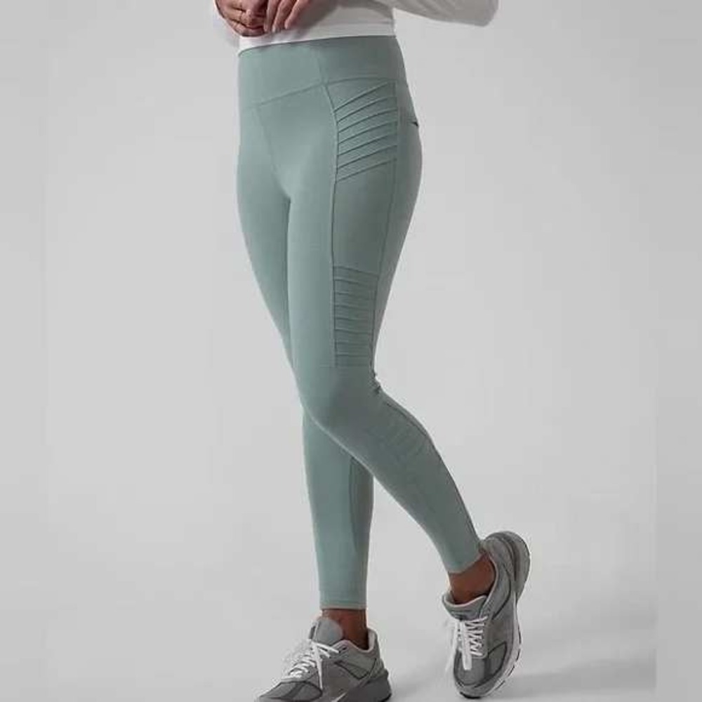 Athleta Delancey Moto Tight Leggings Sage Green High Rise Ankle Zip Medium NWT